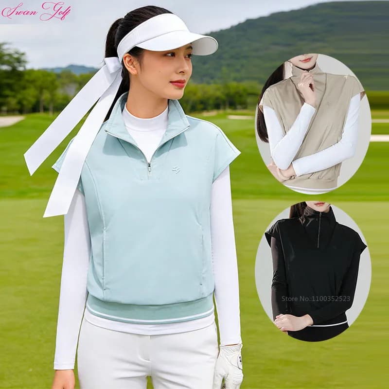 Nuova Maglietta da Golf a Maniche Lunghe per Donne, Elastica e Protettiva, Top Sportivo con Colletto con Zip, Effetto Due Pezzi, Polo da Golf XS-XL