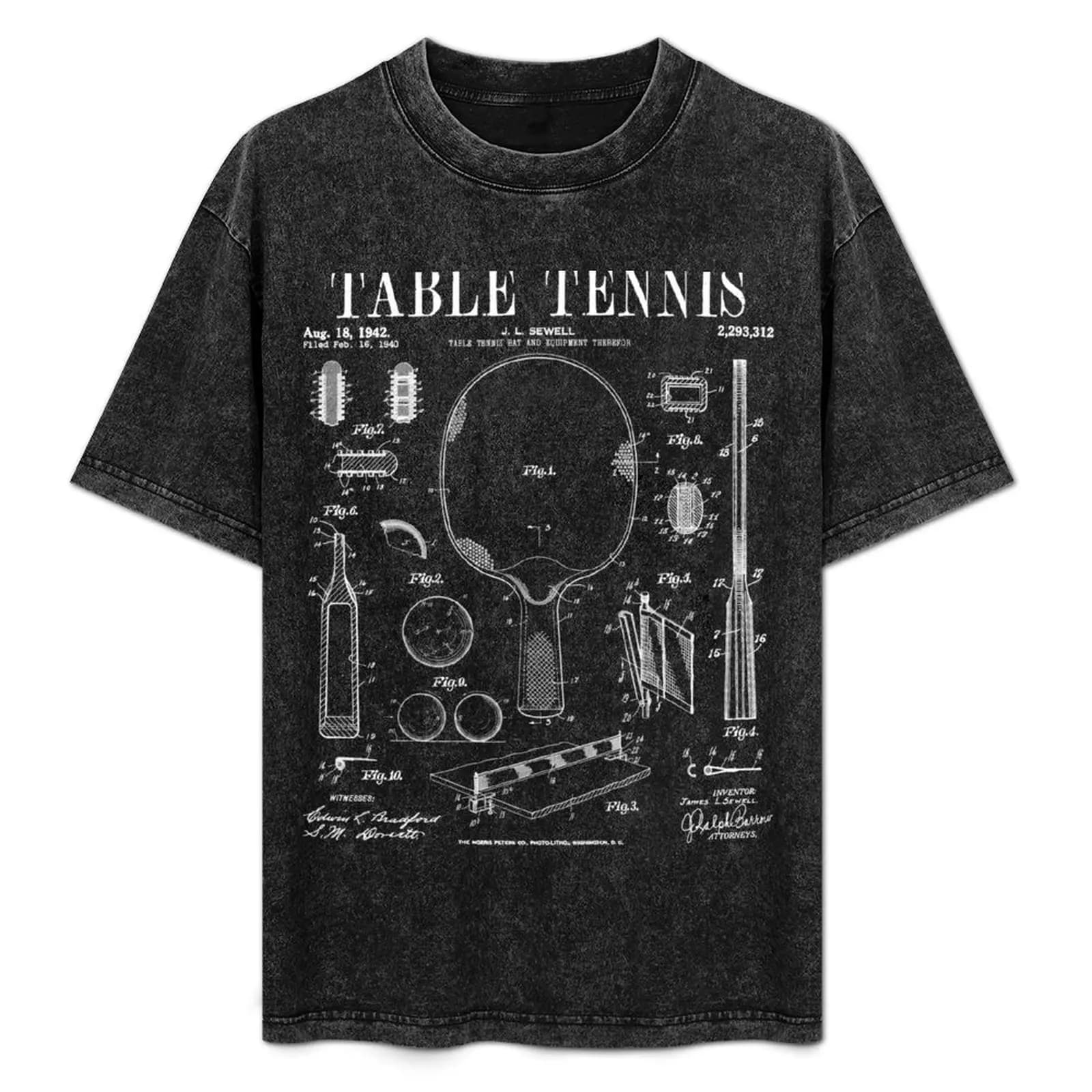 T-shirt con stampa di disegni brevettati vintage di ping pong, t-shirt per feste e vacanze
