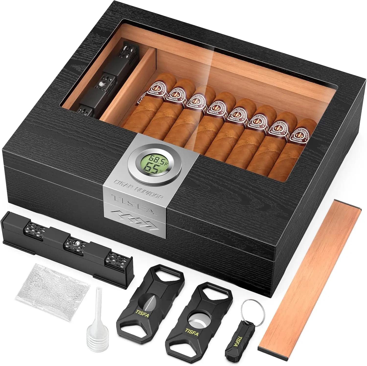 Cedar Wood Cigar Humidor Box Set with Cutter, Hygrometer & Humidifier, Holds 25-35 Cigars