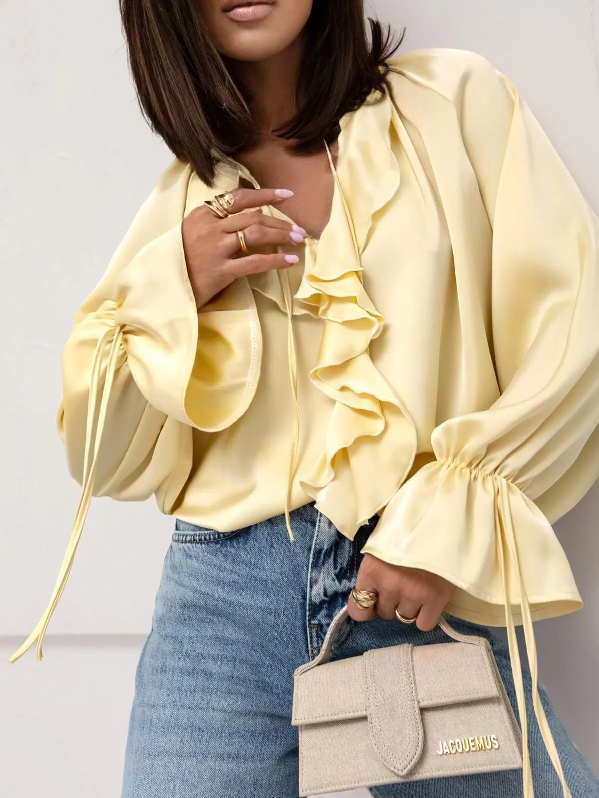 Tie Neck Ruffle Front Satin Blouse Women Long Sleeve Flare Cuff Top