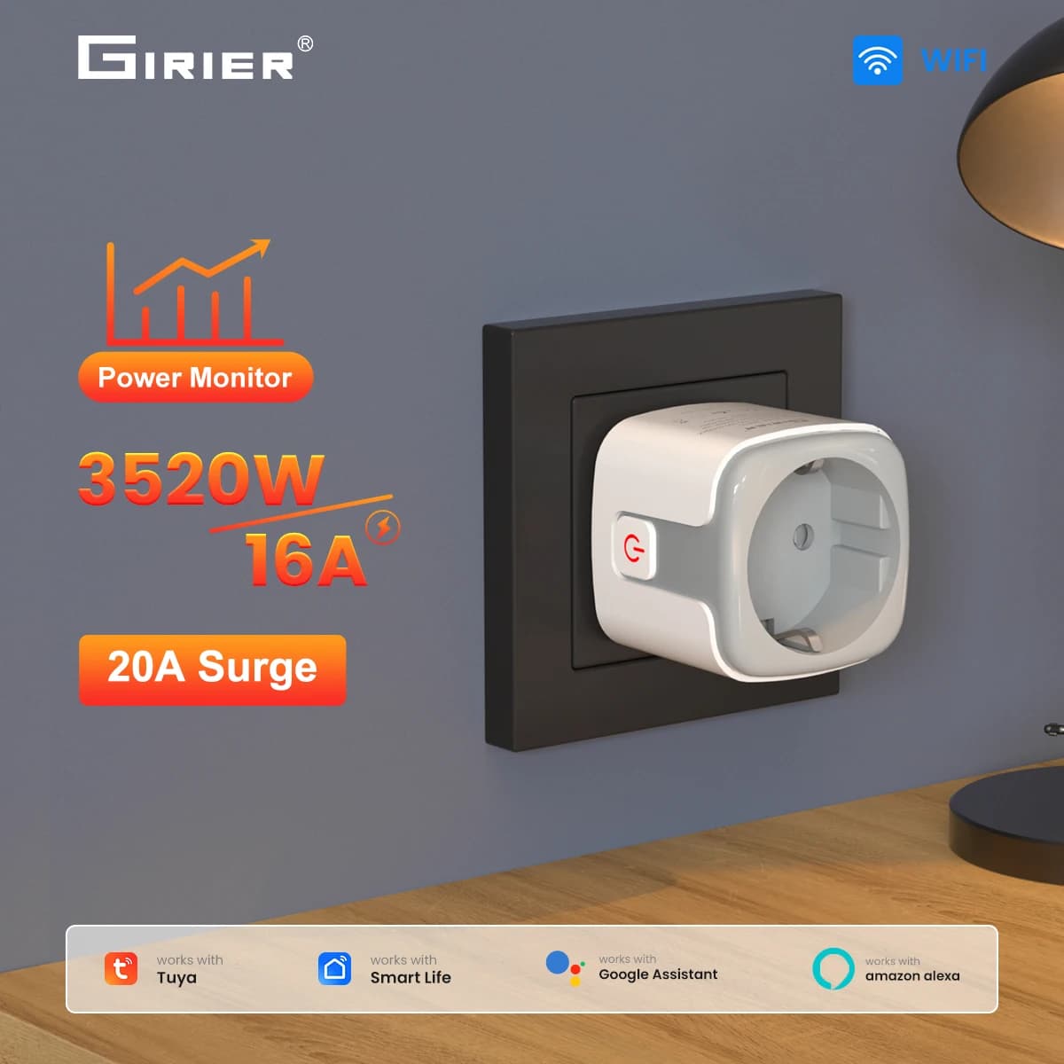 Smart WiFi GIRIER Tuya socket, Mur 16A 3520W with Energy Monitoring, App timing functions, compatible with Alexa and Hey Google