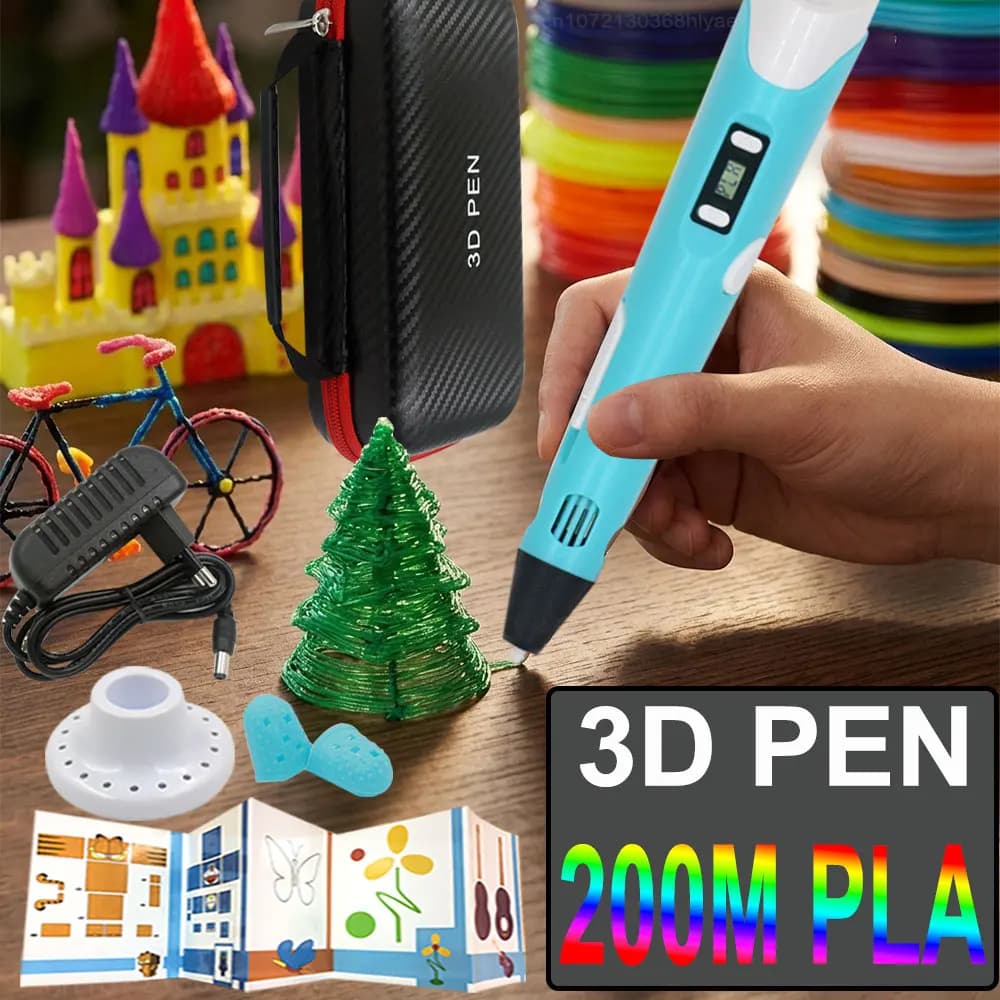 Set di Penne 3D per Bambini con Display LCD, Adattatore di Alimentazione, Scatola Portaoggetti, 200M di Filamento PLA, Regalo di Compleanno e Natale per Bambini