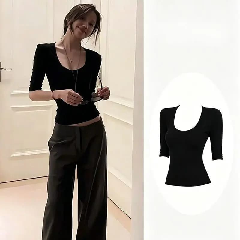 Slim Fit Short Sleeve T-Shirt Women's Korean Style round Neck Pure Color Breathable Summer Top Low Cut Tight Bodycon Shirt