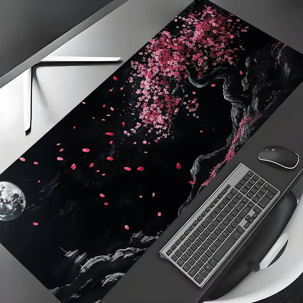 Tappetino per mouse con fiori di ciliegio e luna piena, tappetino da gioco, tappetino da scrivania resistente e antiscivolo, con bordo cucito, stampa HD, tappetino da ufficio