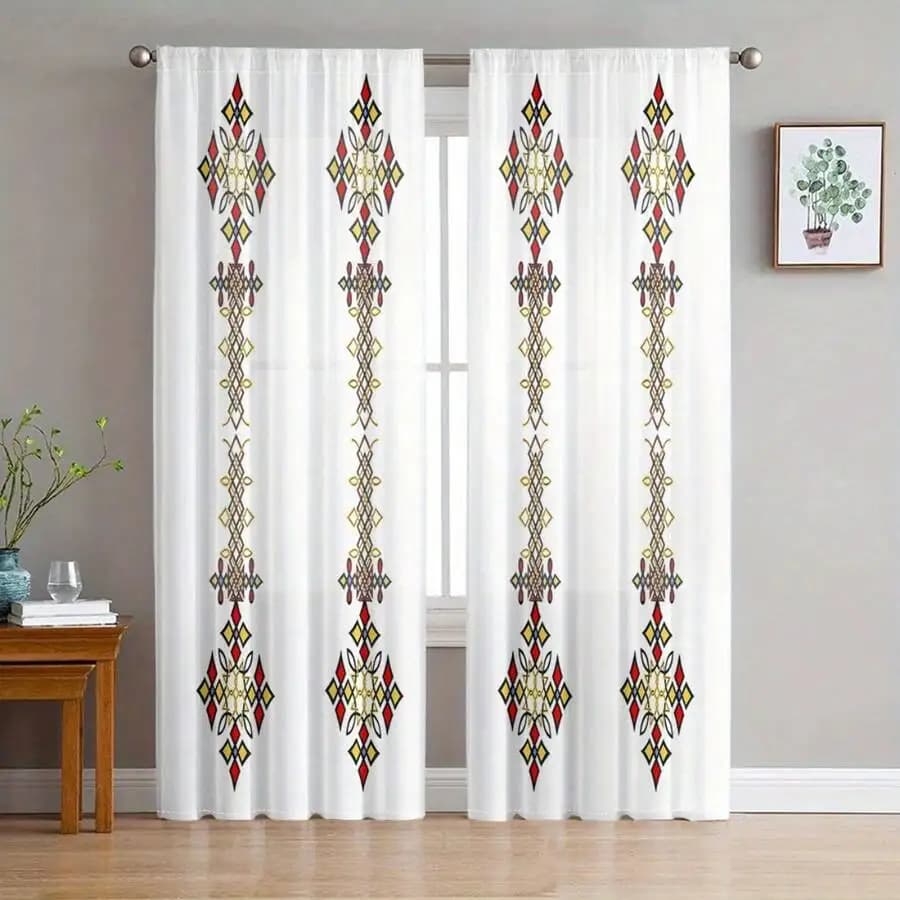 Bohemian Geometric Pattern Curtains Set Modern Decor Semi-Blackout Polyester Rod Pocket