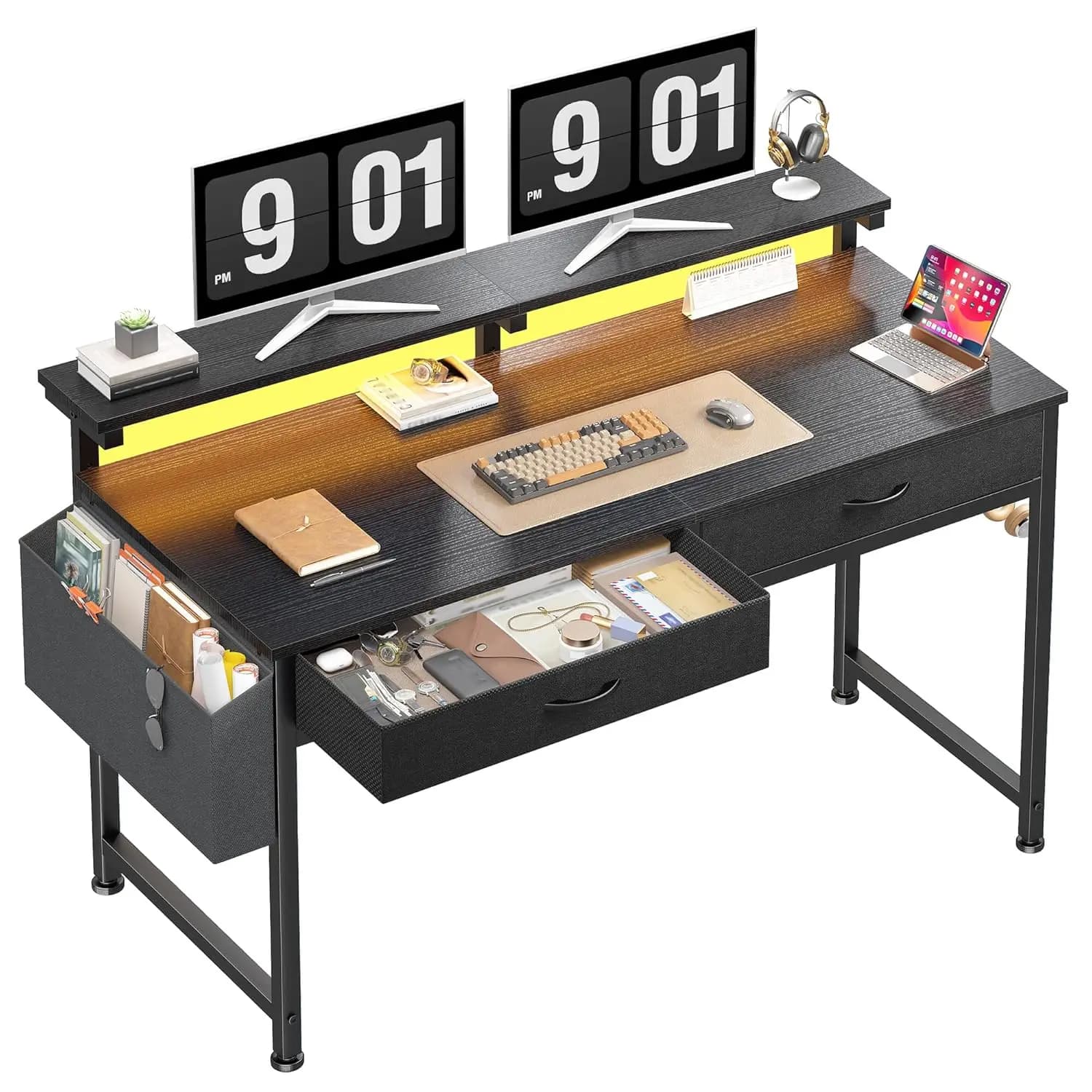 Scrivania da Gaming LED da 47,3 Pollici con Cassetti, Tasca Laterale, Supporto Monitor Anti-Ribaltamento, Tavolo per Studio e Ufficio Domestico Salvaspazio, Personalizzabile