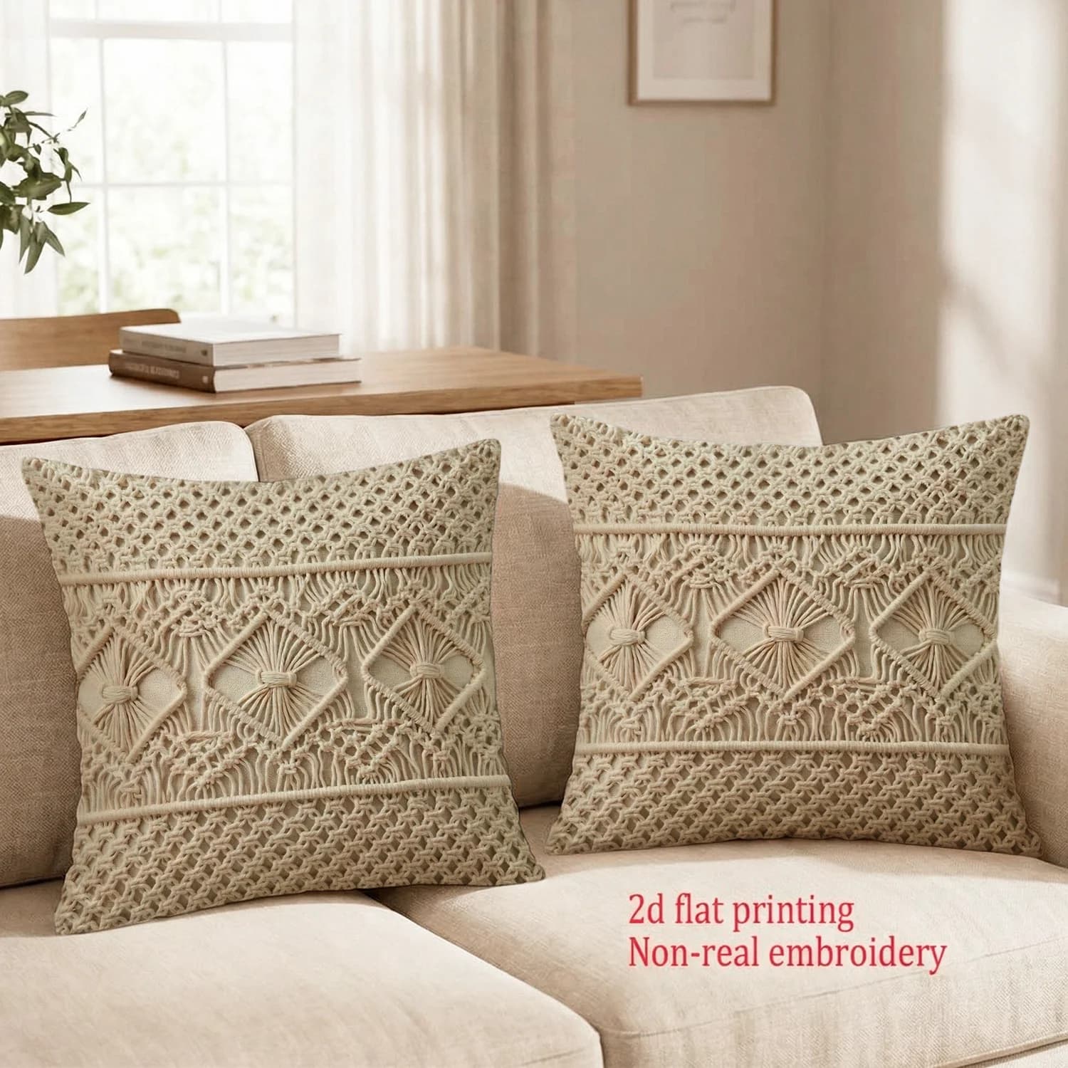 2pcsBoho Macrame Square Throw Pillow Covers Neutral Farmhouse Cushion Cases for Sofa Bedroom Living Room Home Decor