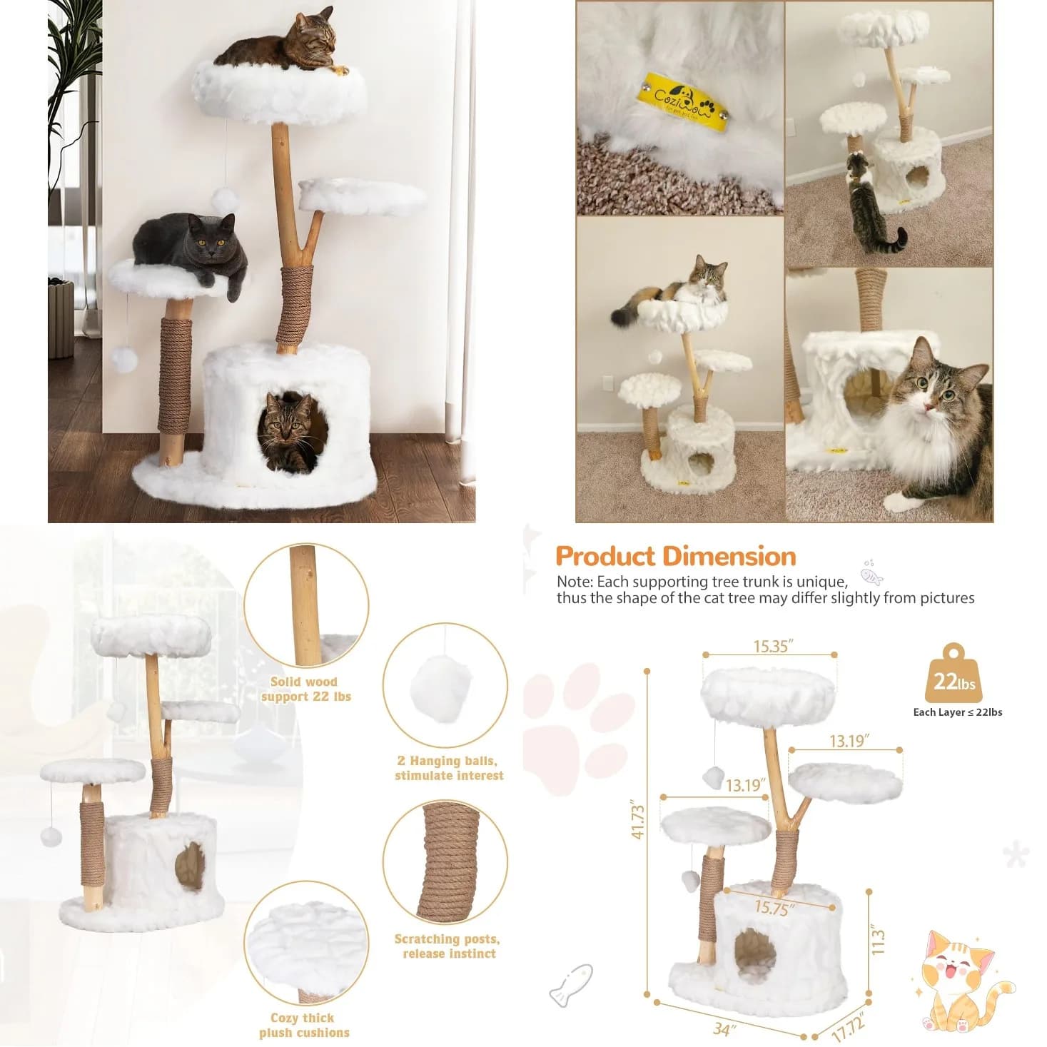 Albero per Gatti Cloud per Interni, Torre per Gatti Moderna ed Estetica da 42 Pollici con Rami in Legno Massello, Cuccia Superiore, Postazione Laterale, Personalizzabile