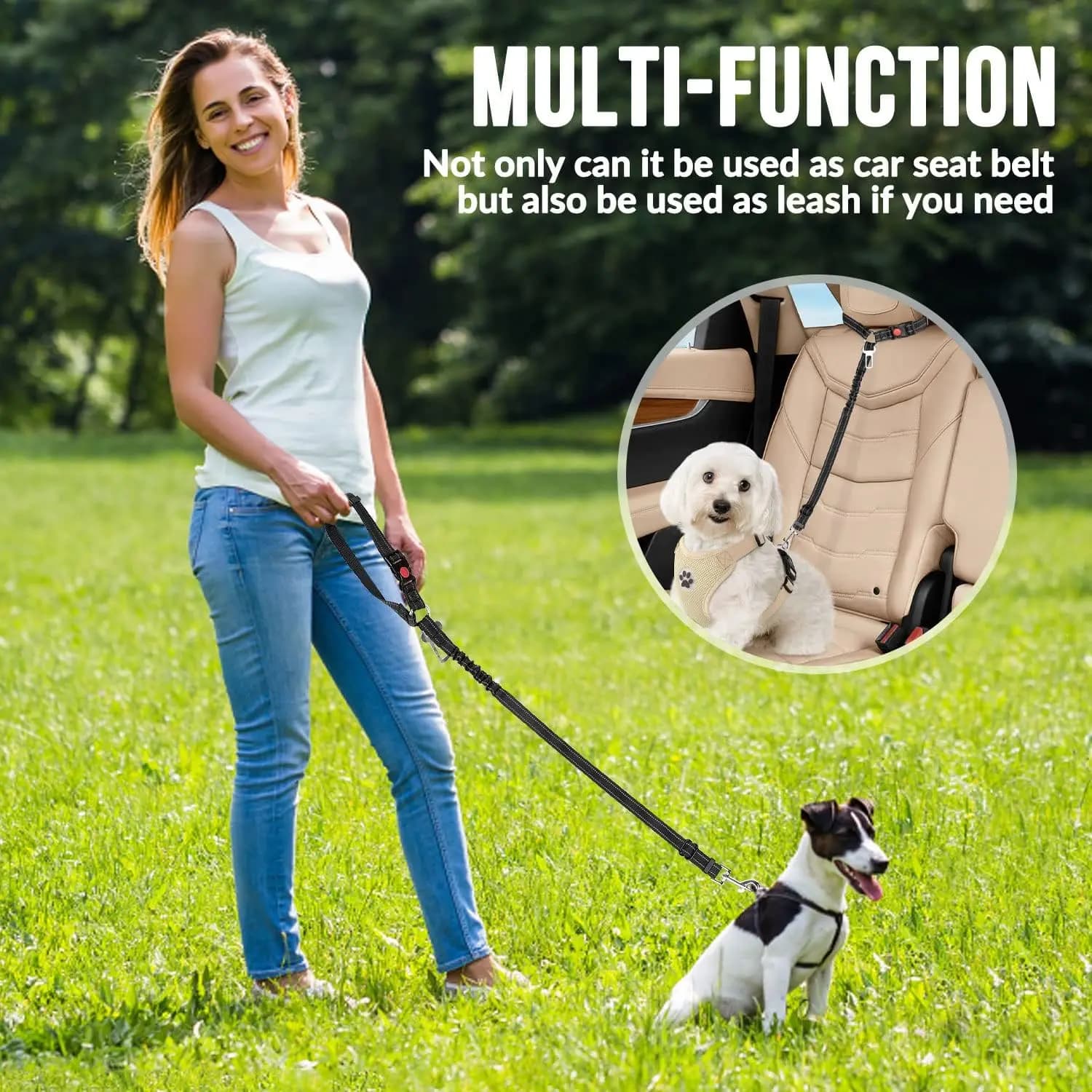 Cintura di Sicurezza per Cani da Auto, Regolabile con Elastico Ammortizzante, Guinzaglio 2in1 per Animali Domestici, Cinghia di Sicurezza per Cani