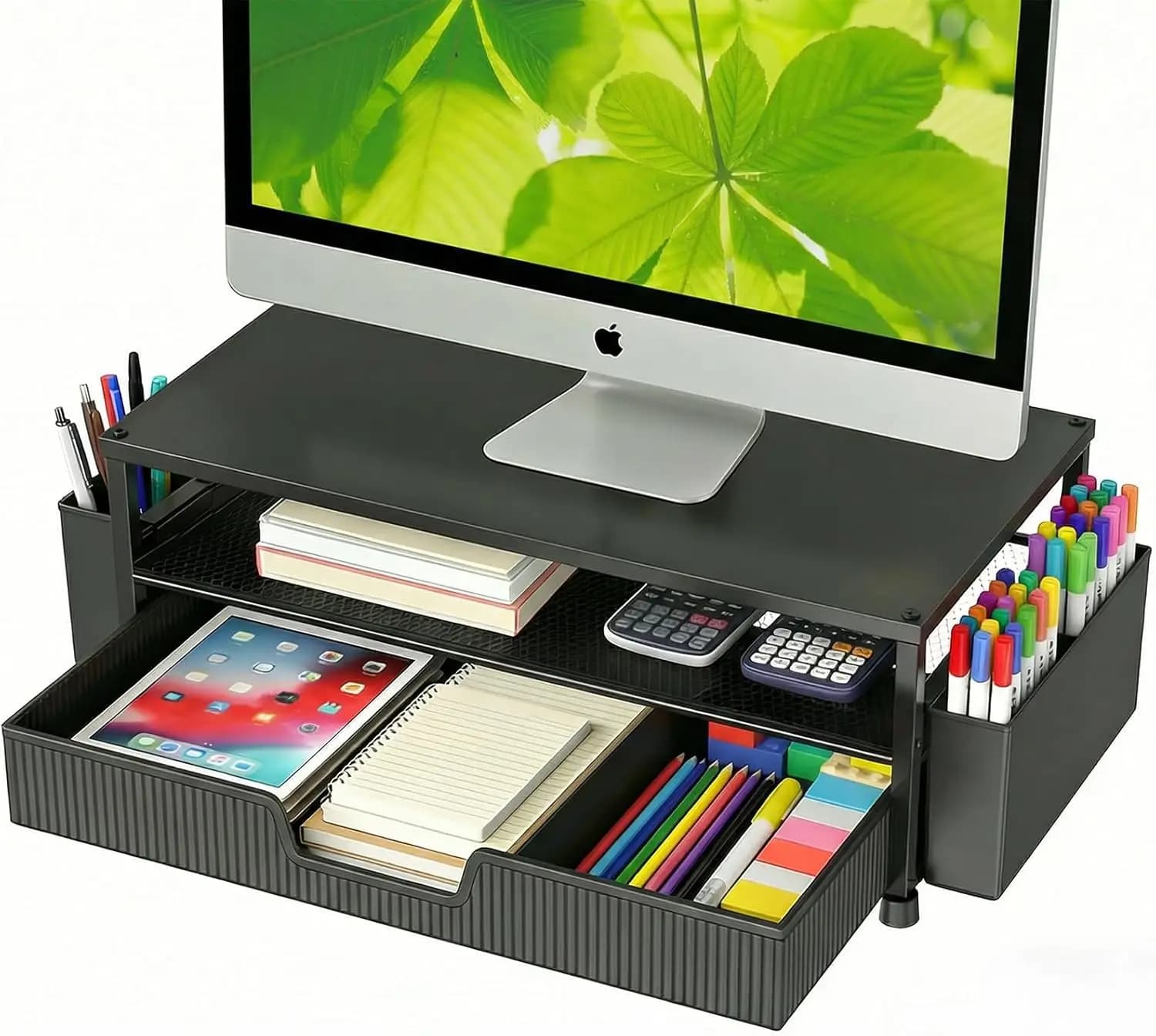 2-Tier Computer Monitor Stand with Storage Drawer & Pen Holders, Heavy Duty Laptop Riser for Desk Organizer, Black