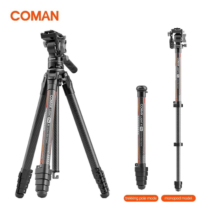 COMAN Light H Pro Professional Carbon Fiber Tripod 1 Second Lock Unlock With Hydraulic Head Detachable Monopod Compatible For Sony Canon Nikon DSLR Camera