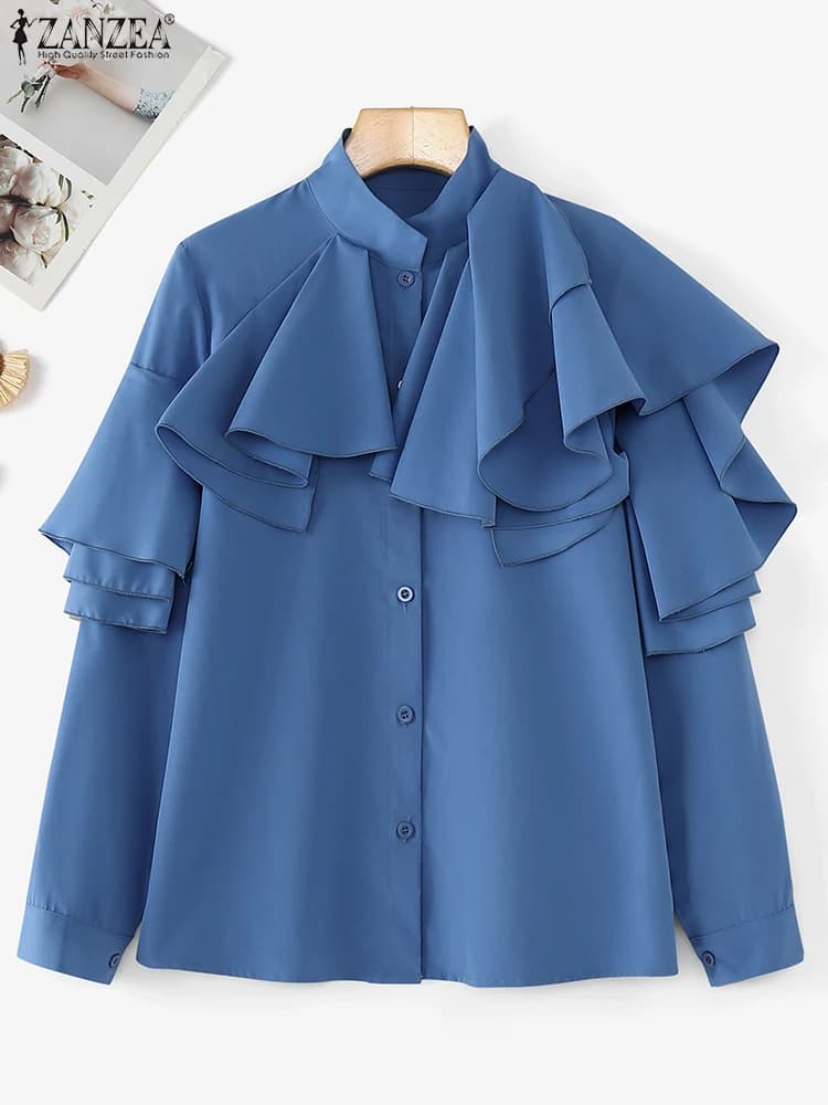 Plus Size 5XL ZANZEA Camicetta da donna elegante Camicia con cuciture arricciate 2025 Autunno Manica lunga Office Lady Top Bottoni casual Blusas