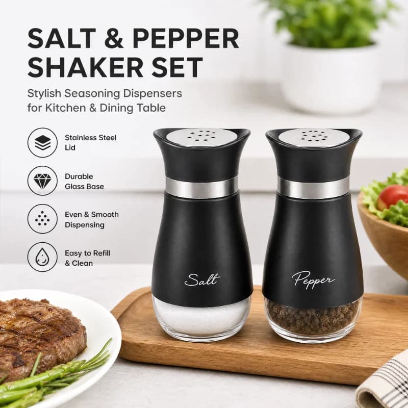 Salt and Pepper Shakers Set, Glass Bottom Spice Dispenser with Stainless Steel Lid, Black Seasoning Bottle for Kitchen Table
