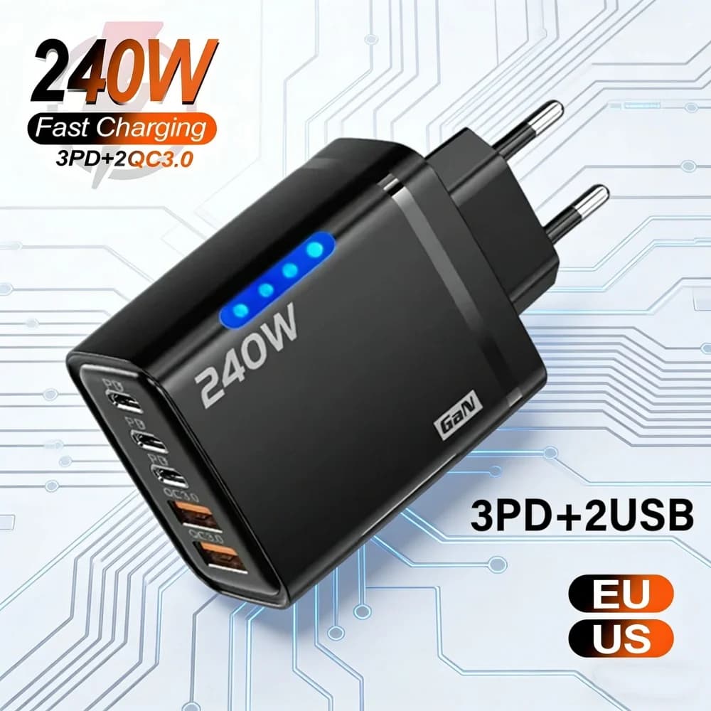 Caricatore rapido 5 in 1 da 240W GaN con spina EU/US/UK, adattatore di alimentazione USB di tipo C per iPhone, Huawei, Samsung, Xiaomi