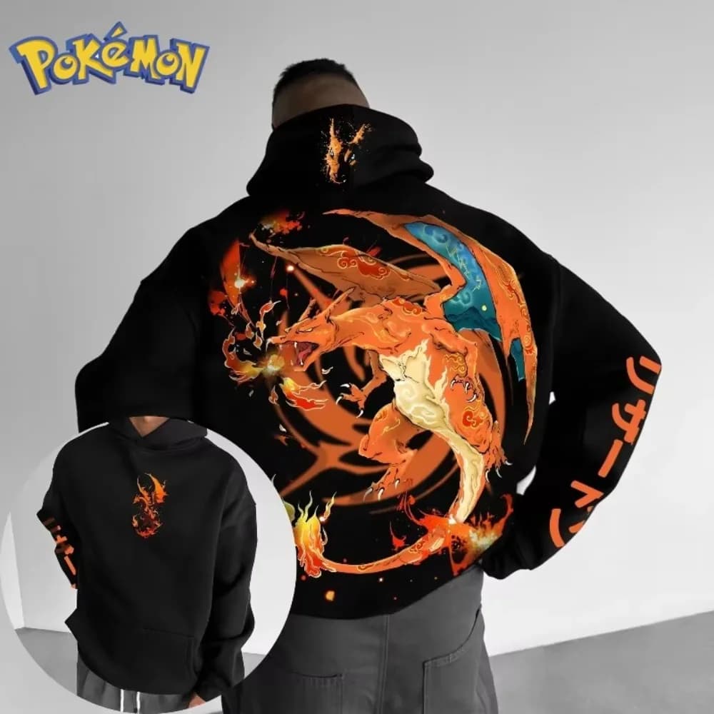 Felpa con cappuccio Pokemon Charizard Stampa Pullover nero oversize unisex Harajuku Streetwear Autunno Inverno Maglione casual Moda anime
