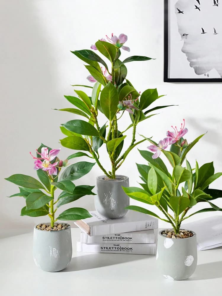21-40 cm Artificial Azaleas Plants Faux Rubber Tree Tropical palm leaves Finto Ficus with flowers Green plastic plants for the house