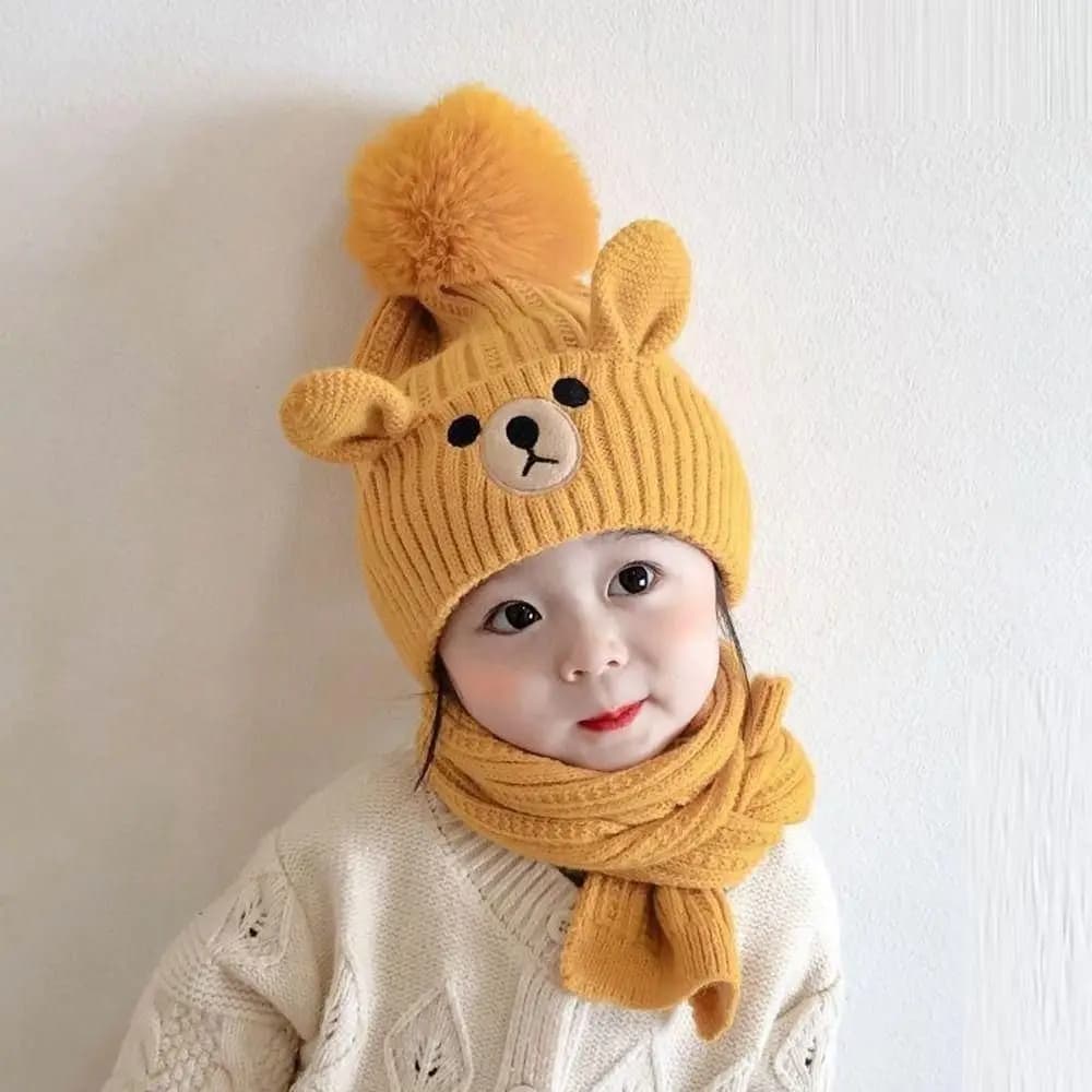 Children's Scarf and Hat Set with Bear in Plush, Lana Berretto Maglia, Caldo e Carino per Esterno