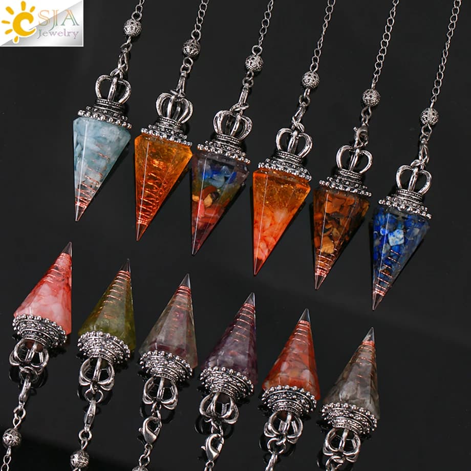 CSJA Reiki pendolo di cristallo chip naturali ciondolo cono esagonale pendoli quarzo chakra amuleto pendolo divinazione equilibrio S976