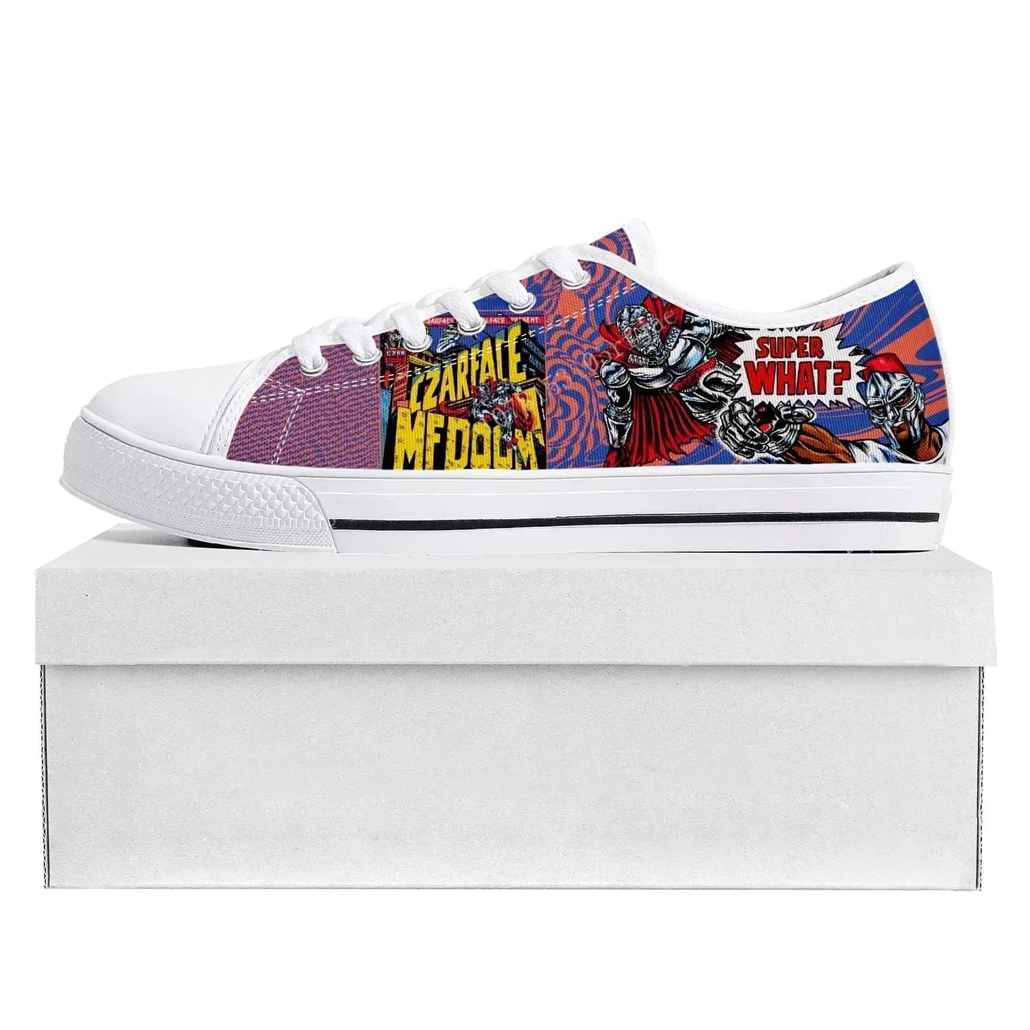 MF Doom Hip Hop Rapper Low Top Sneakers Uomo Donna Ragazzo Scarpe Casual in Tela per Coppia Scarpe Personalizzate Bianche