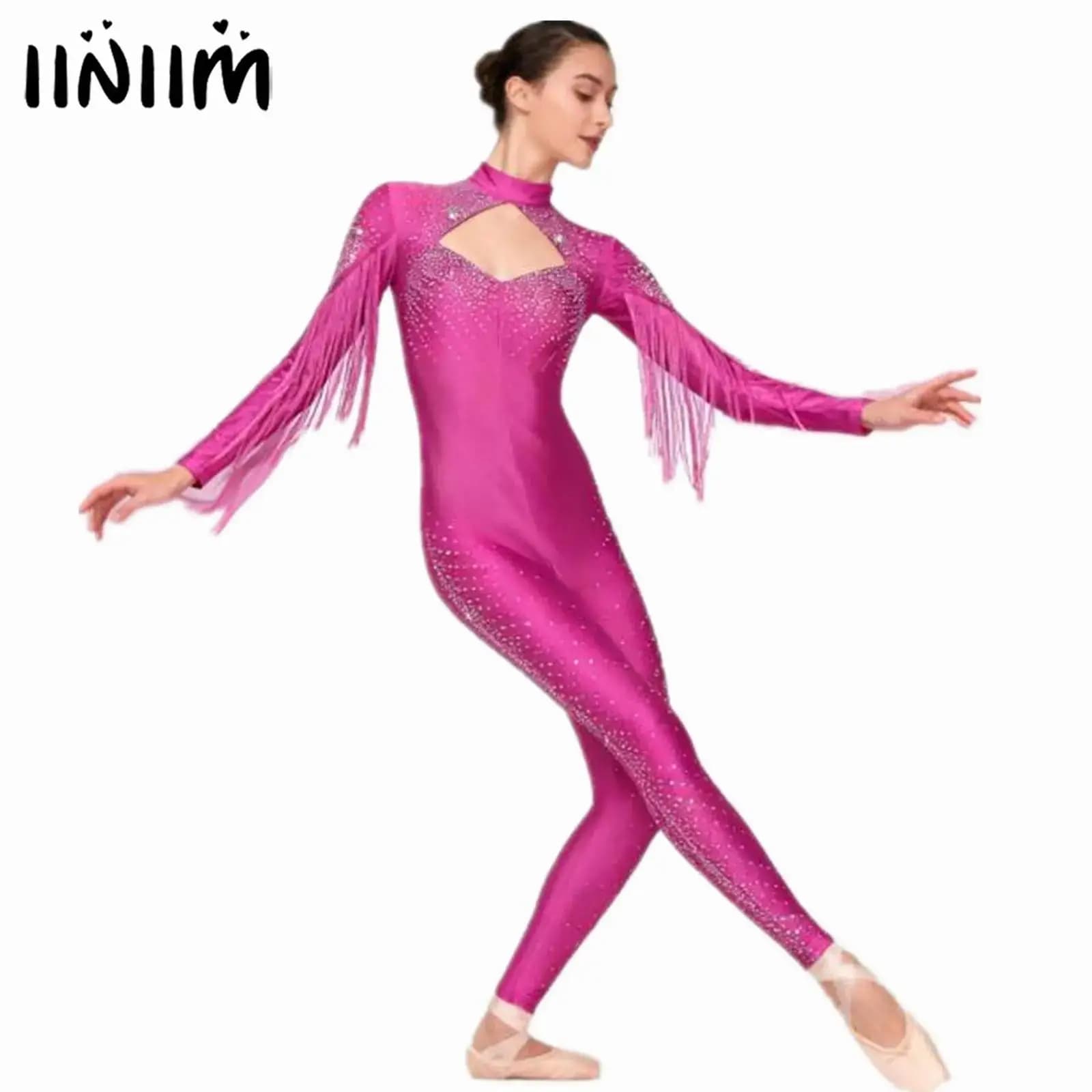 Ginnastica da donna Pattinaggio di figura artistico Costume Balletto Danza Unitards Tuta Glittery Strass Nappa Body Pagliaccetti