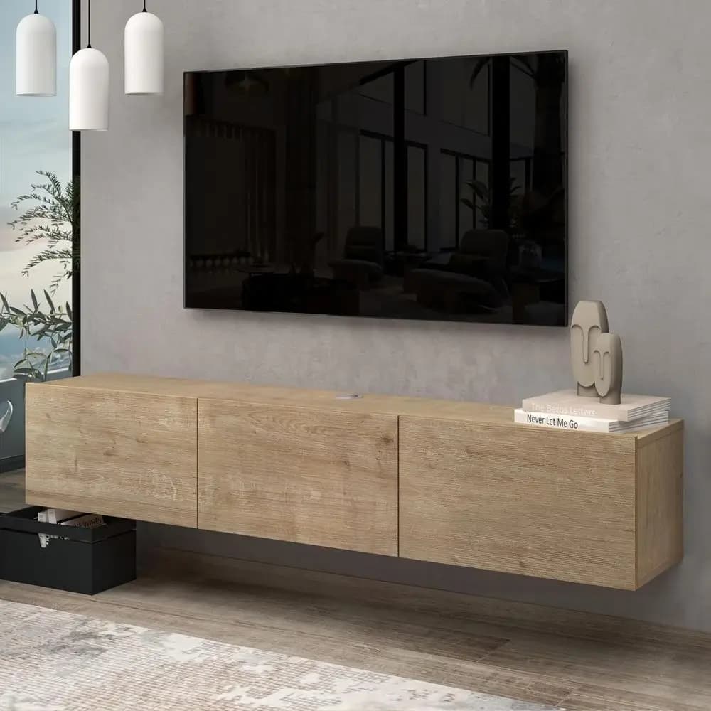 Supporto TV da Parete 63 Pollici con Spazio di Archiviazione e Gestione Cavi per TV da 75-80 Pollici, Console Multimediale Sospesa Effetto Rovere per Soggiorno