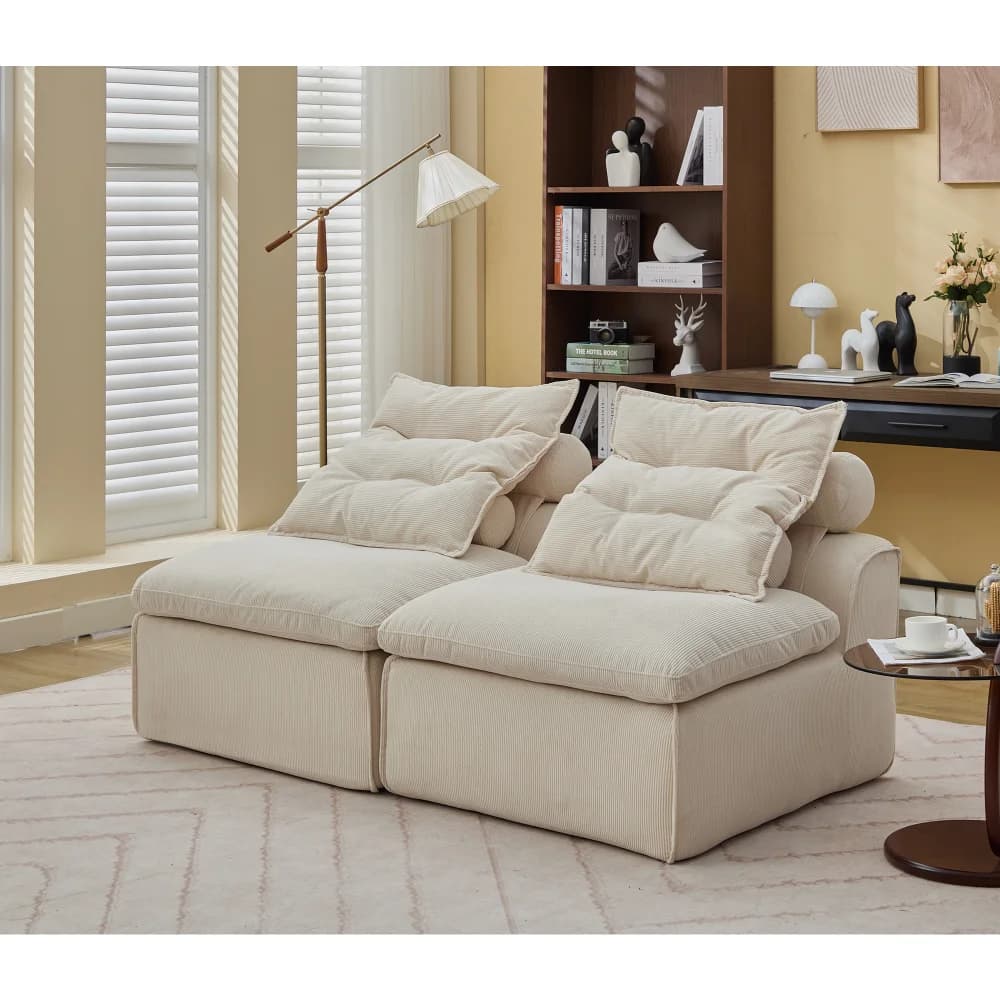 Divano Modulare Senza Braccioli, Tessuto in Velluto a Coste Morbido, Poltrona Lounge con Cuscino per il Collo, Angolo Lettura, Cuscino Lombare, 2 Posti, Beige