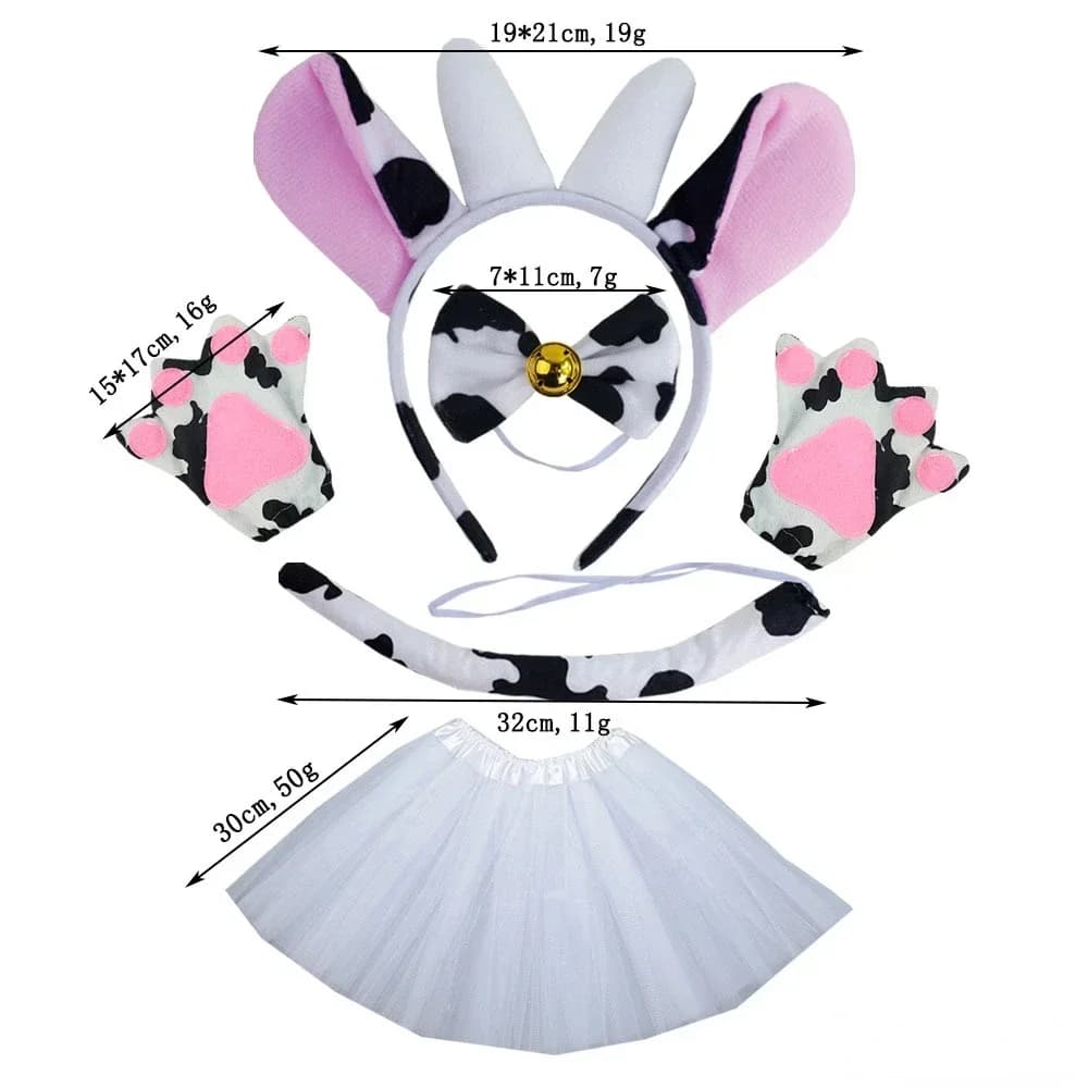 Milk Cow Costume Set Ears Headband Nose Tails Skirt Tutu for Halloween Children Girls Women Dress Up Animals Cosplay