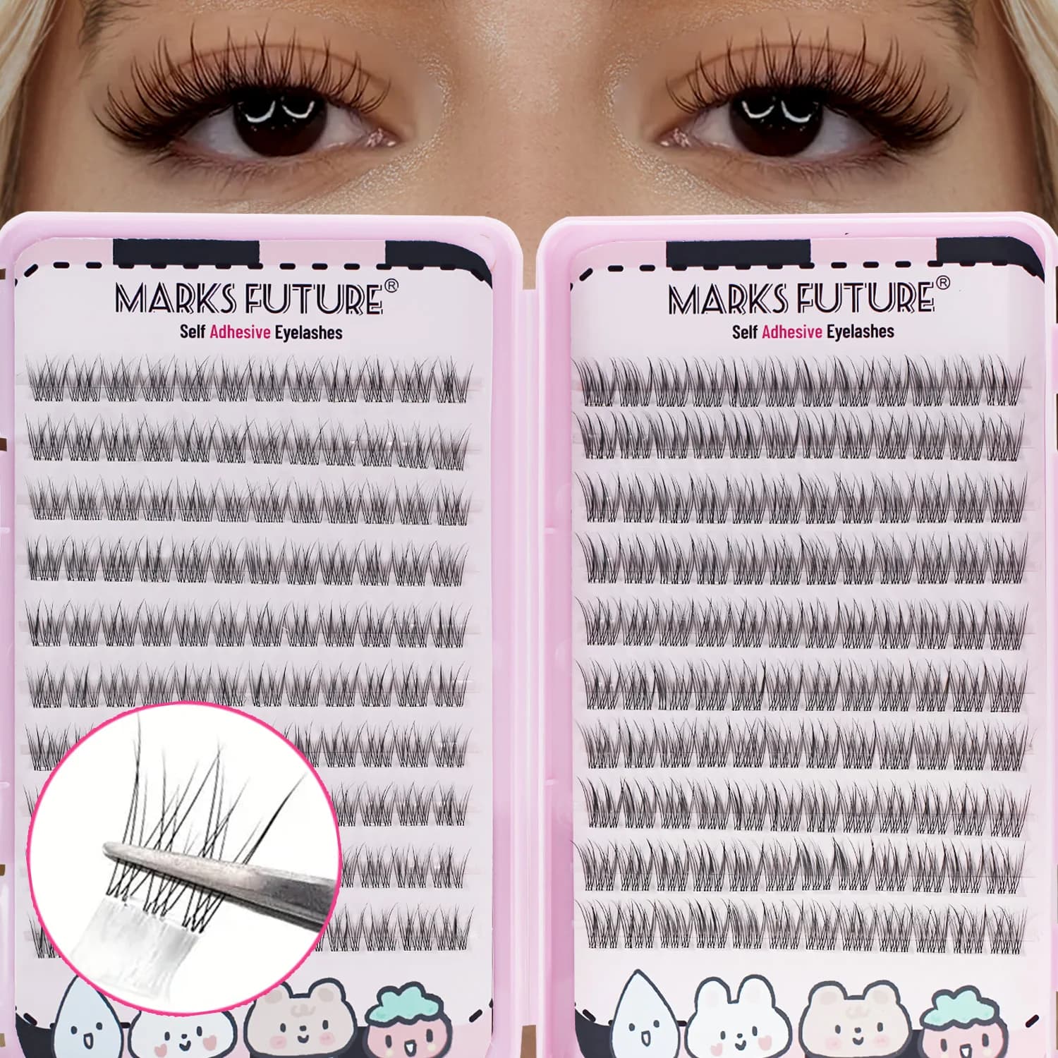 Self-Adhesive Eyelash Clusters, Press-On Eyelashes 11-12 mm Natural Manga-Style Cluster Lashes, Reusable Glue-Free Eyelashes C-Curl Natural Look Pre-Bonded Eyelashes, Ultra-Thin and Lightweight, Easy for Beginners to Use (No Residue, Long-Lasting)