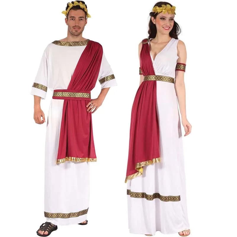 Costumes Roman Greek Toga Man Woman White Dress with Red Band Golden Finishes cosplay dress for Halloween parties