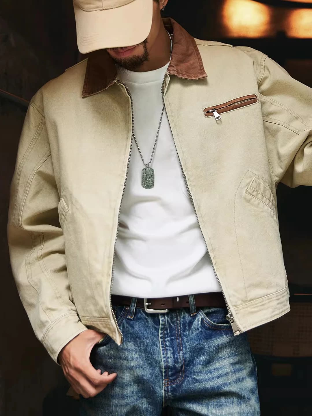 American Barn Style Contrast Color Collar Work Jacket Men's Spring Autumn New Style Short Outerwear Youth Fashion Casual Wear