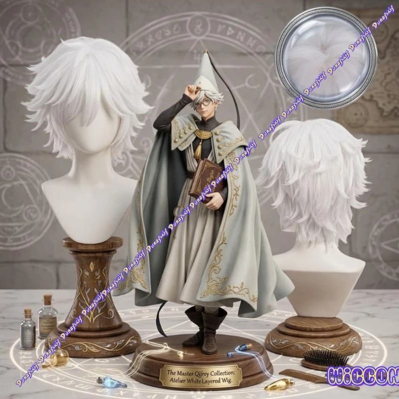 Parrucca Cosplay Qifrey, Capelli Corti Bianchi, Personaggio Anime Tongari Boushi No Atelier, Accessorio per Feste di Halloween