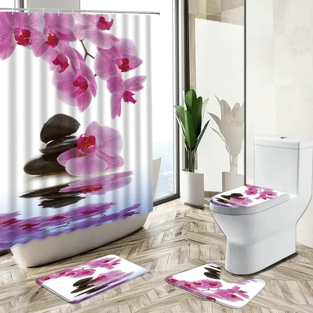 Shower Curtain Orchid Green Bamboo Stone Water Reflection Spa Home Decor Non-Slip Carpet Toilet Cover Bath Mat Washable Set
