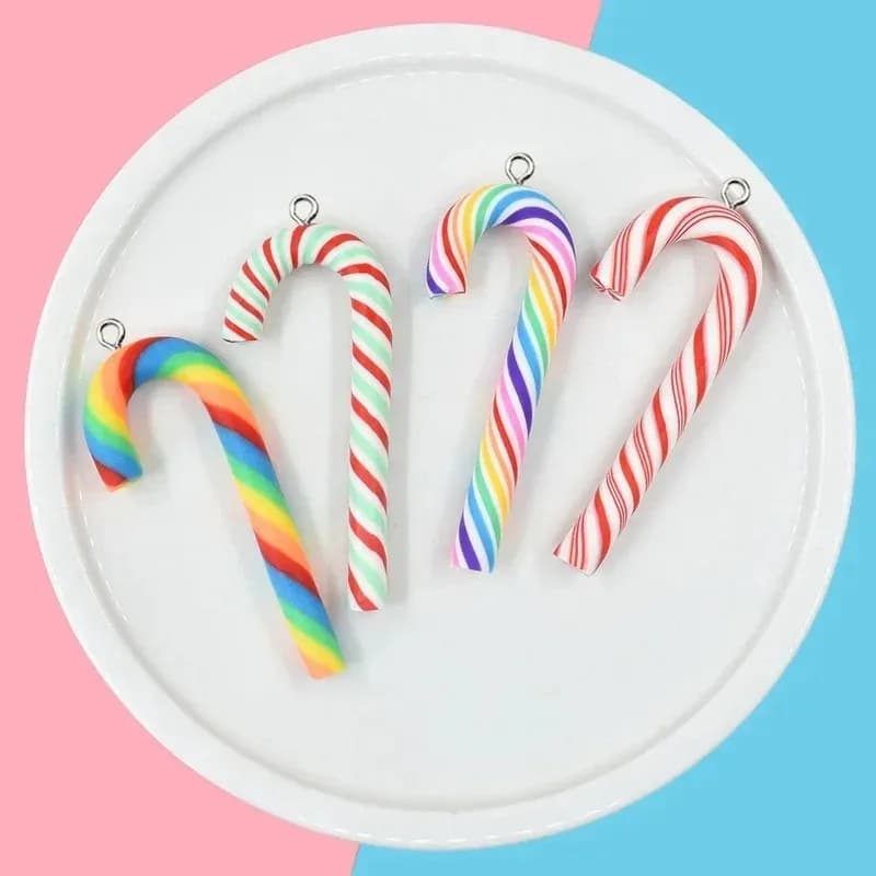 10Pcs Lovely Large Polymer Clay Christmas Candy Cane Charms Pendants DIY Craft Accessories for Earrings Keychains Jewelry Making