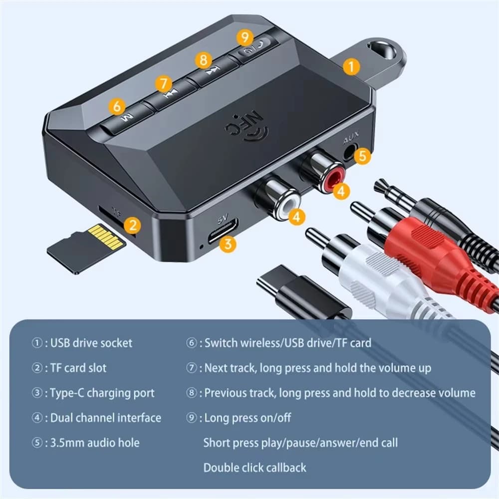 Ricevitore audio Bluetooth NFC RCA 3,5 mm AUX USB Adattatore wireless con supporto MIC per riproduzione di schede U-Disk/TF per altoparlanti per kit auto