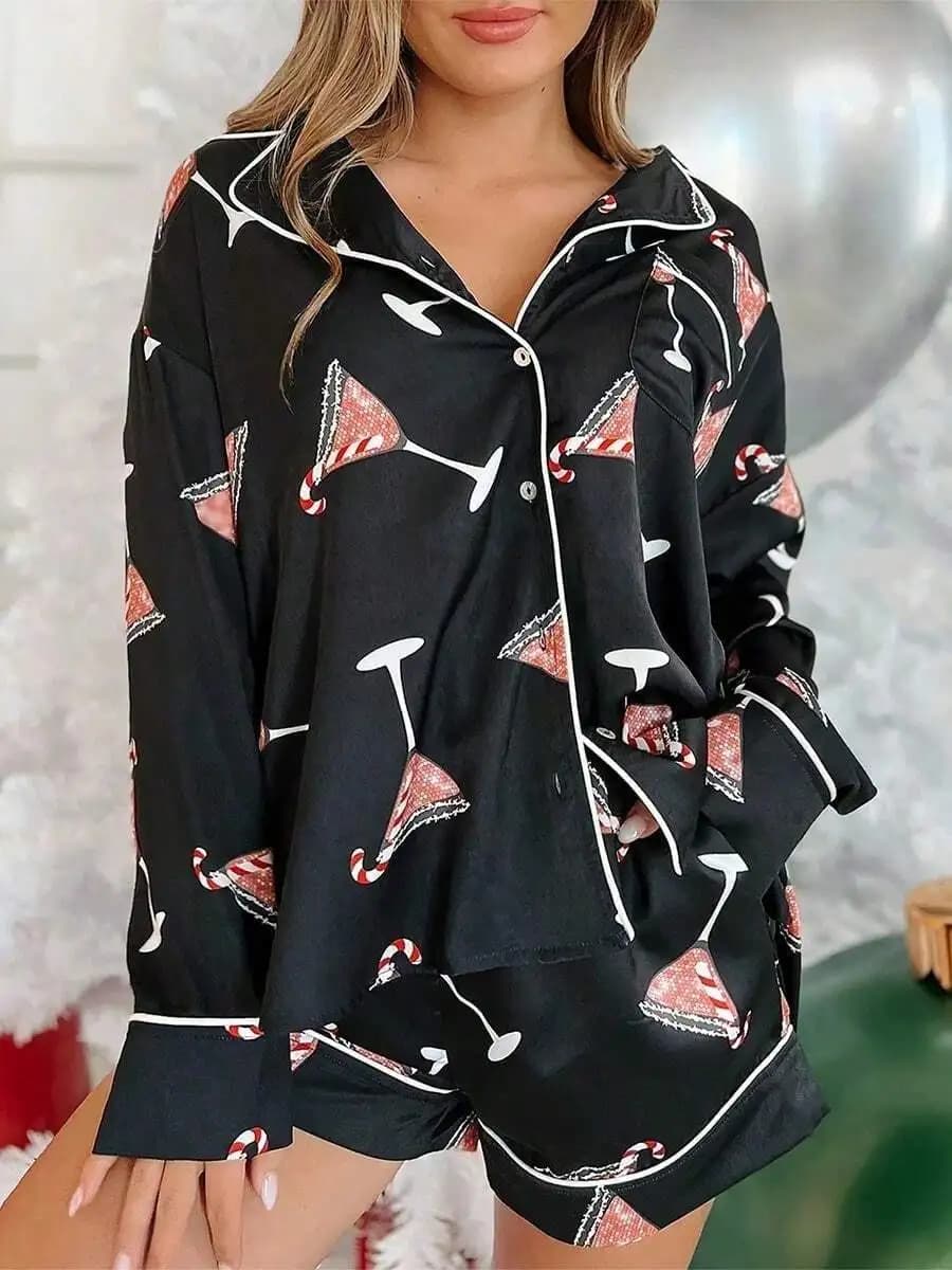 Women Christmas Satin Pajama Set Candy Cane Print Long Sleeve Button Down Top And Shorts Sleepwear Loungewear