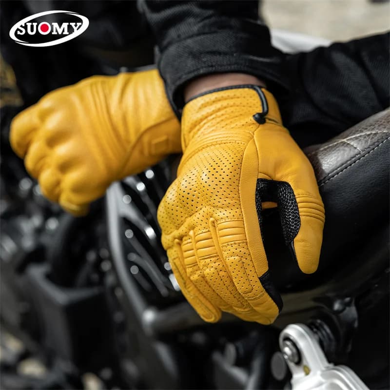 Guanti da Moto SUOMY per Uomo e Donna, Estivi, Traspiranti, in Vera Pelle, Stile Vintage, Protezione Completa delle Dita