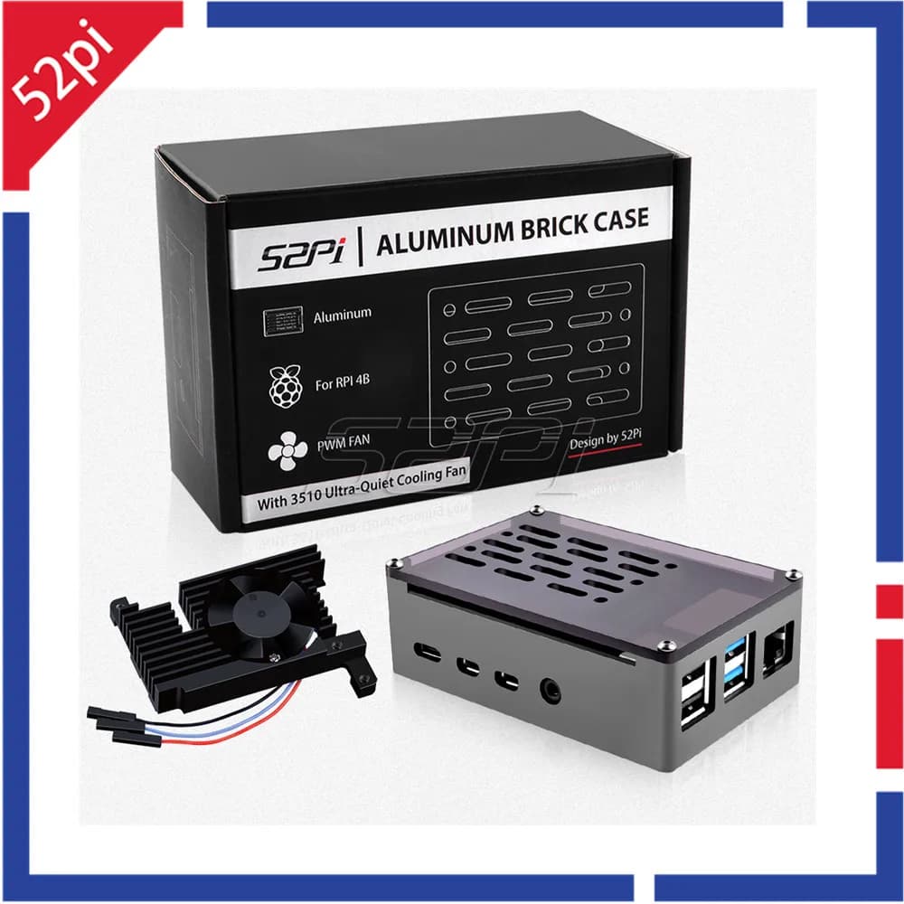 52Pi Raspberry Pi 4 model B housing aluminum brick shell black Enlosure with adjustable speed 3510 silent cooling fan for RPI 4B