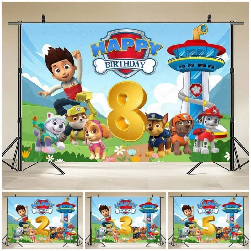 Sfondo Fotografico per Feste di Compleanno e Baby Shower a Tema Paw Patrol: Marshall, Chase, Rescue, Fire Dog, Captain Ryde, Everest, Skye