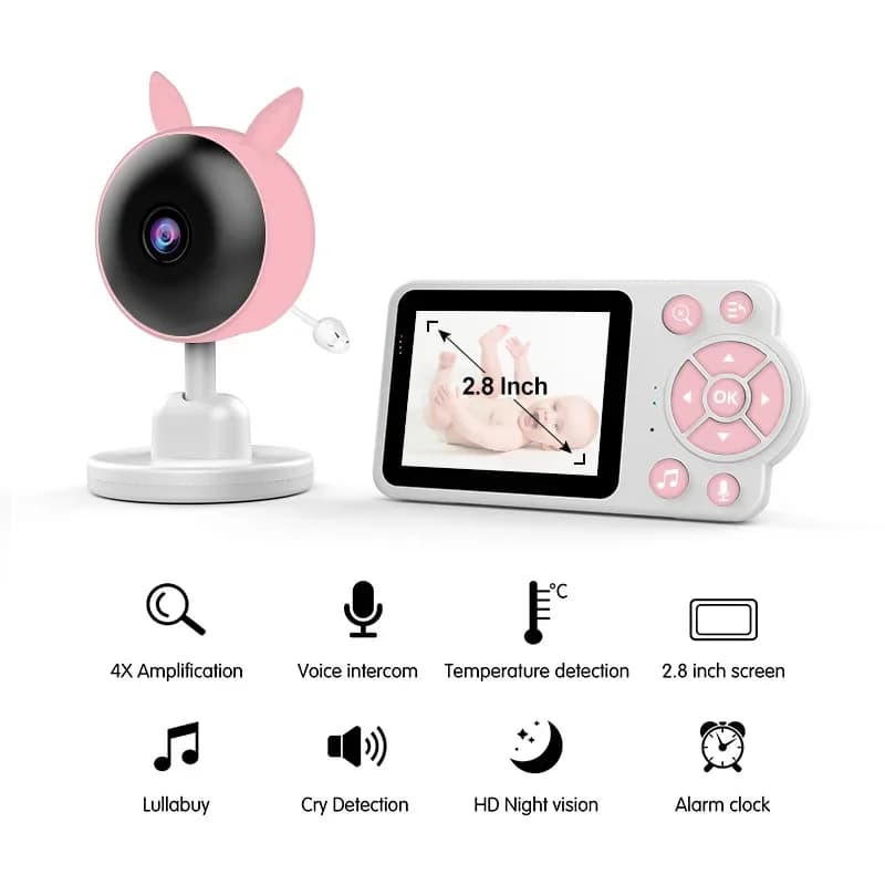 C3-B Baby monitor da 2,8 pollici con telecamera di sorveglianza per visione notturna IR 4XZoom Rilevazione di temperatura per tata di sicurezza audio bidirezionale