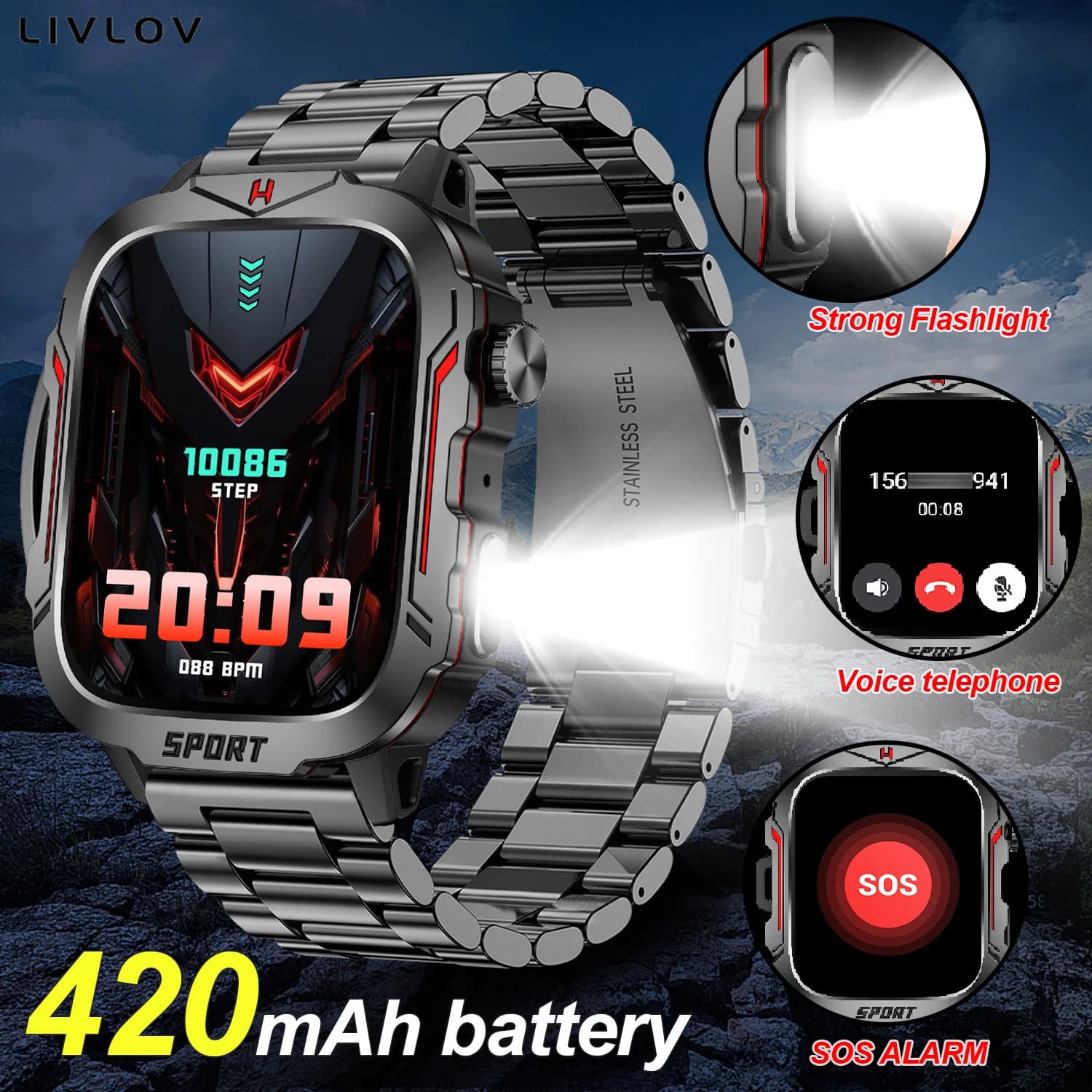 Torcia Smart Watch per uomo/donna, Tracker Fitness con schermo da 1.96 ''con lunga durata della batteria/assistente vocale AI/chiamata Bluetooth
