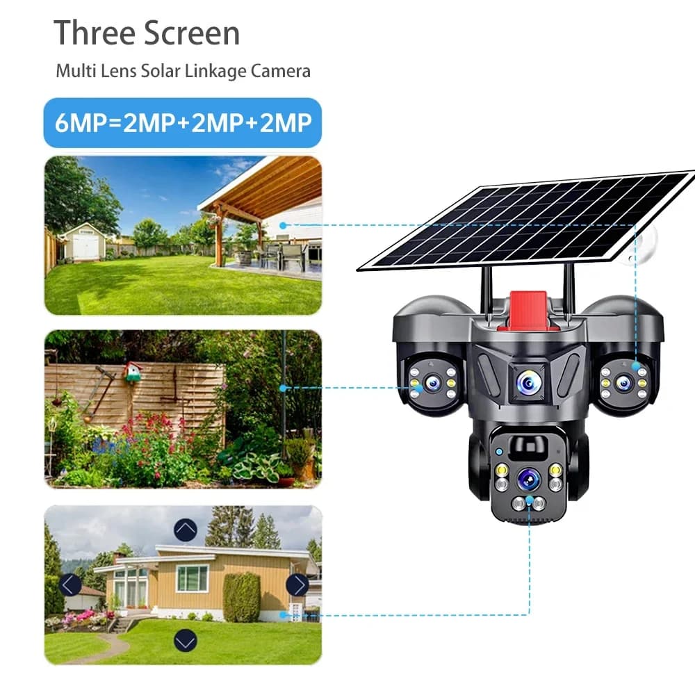 Telecamera CCTV 4G a energia solare con tripla lente da 15MP, zoom 10X, rilevamento del movimento PIR, videosorveglianza esterna V380 pro a triplo schermo