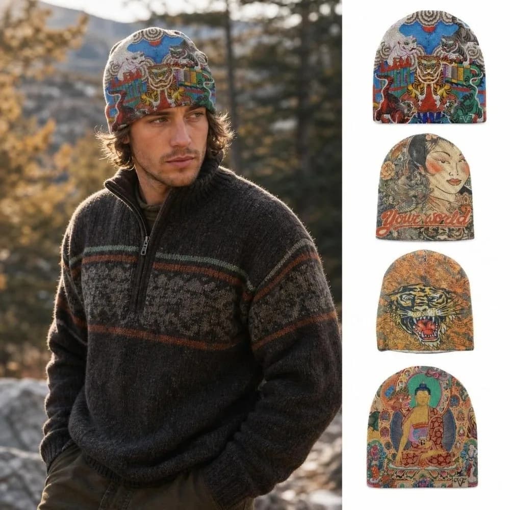Breathable Printed Beanie Hat Elastic Warm Knit Brimless Skull Cap Kpop Harajuku Fashion Hip Hop Stretch Head Wrap