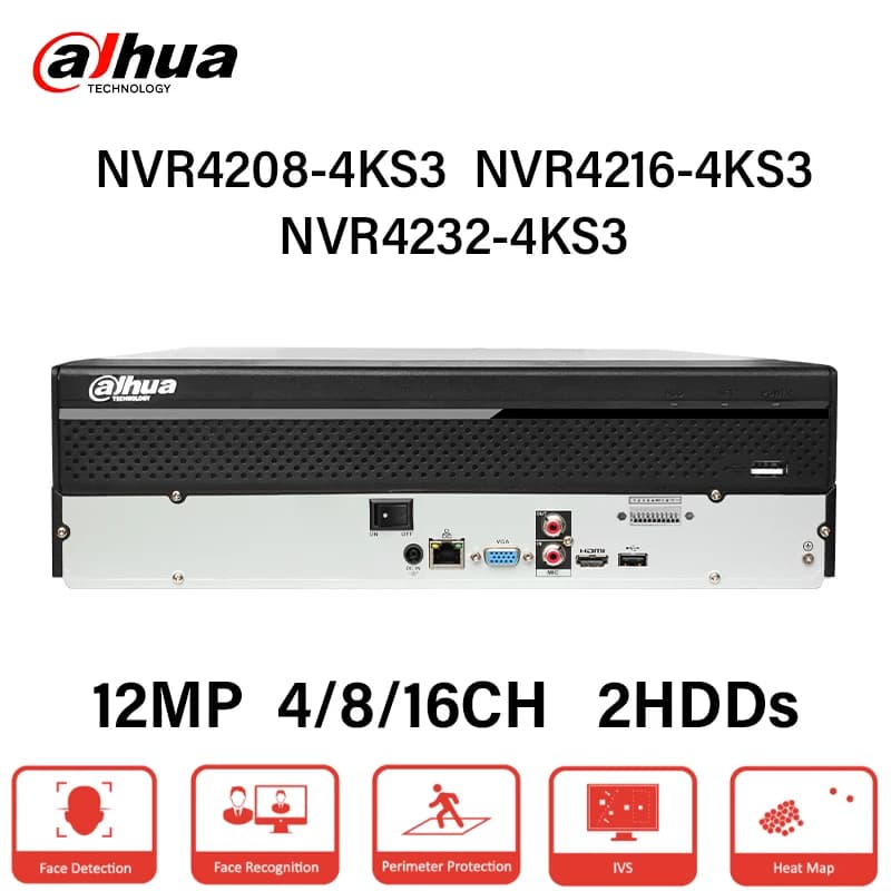 Dahua NVR 4K 8/16/32 Canali NVR4208 NVR4216 NVR4232-4KS3 con 2 SATA, Registratore Video per Telecamere IP fino a 12MP, con SMD Plus, Plug&Play, Onvif
