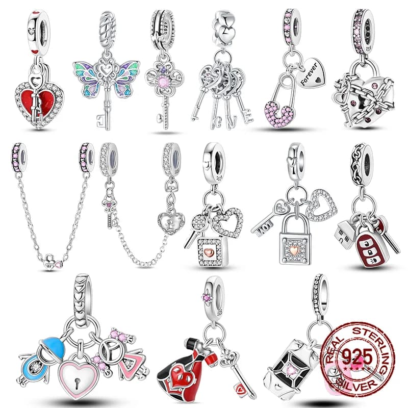 Portachiavi in argento sterling 925 a forma di cuore con catena per sempre, chiavi per auto, ciondoli, perline, ciondolo, adatto per bracciale, collana, gioielli fai da te