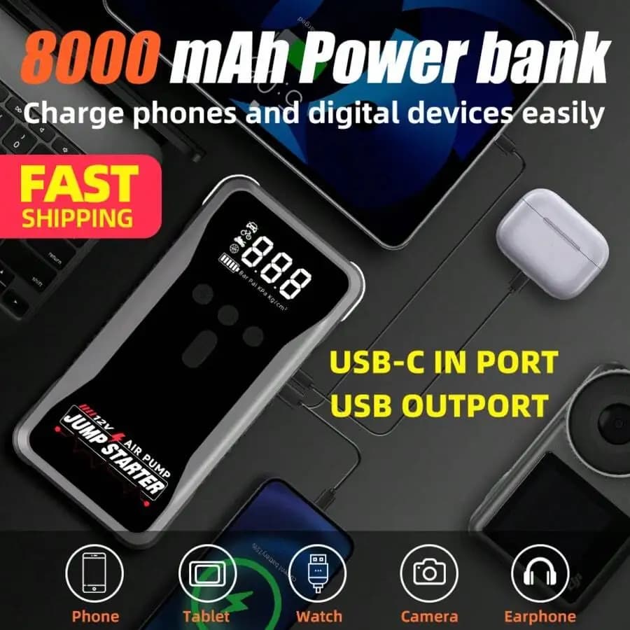 Avviatore d'Emergenza Portatile per Auto da 8000mAh con Pompa d'Aria, Power Bank, Ingresso USB-C e Uscita USB