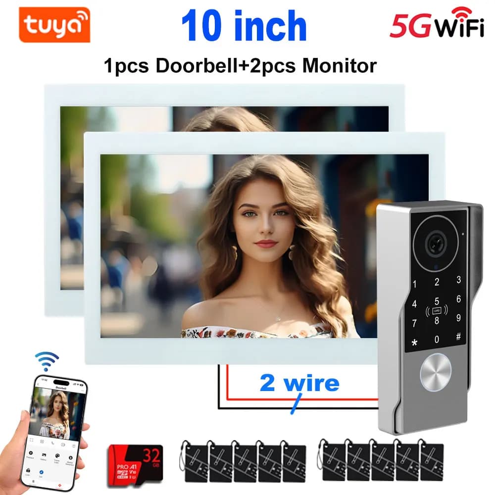 Videocitofono WiFi 5G da 7/10 pollici Tuya Smart a 2 fili, sistema citofonico domestico con 2 touchscreen Sblocco Password 4 in 1
