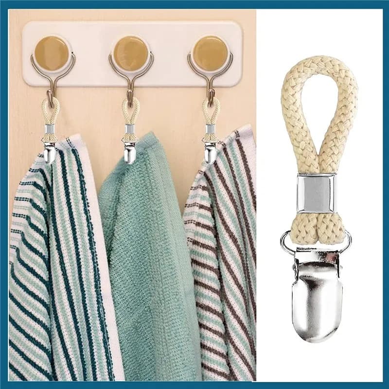 4pcs Towel Hanging Clips Clamps Braided Multipurpose Cotton Loop Metal Hook Kitchen Bathroom Storage Clips Socks Clothes Hanger