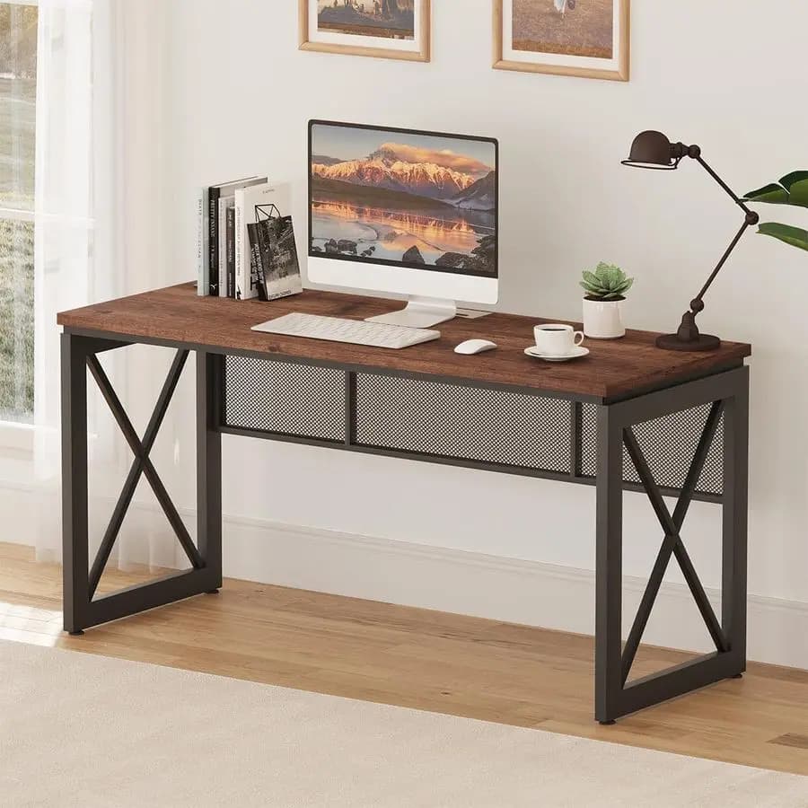Scrivania per Computer AUGURE da 60 Pollici per Ufficio Domestico, Tavolo Industriale in Metallo e Legno, Grande Scrivania Stile Rustico, Moderna e Robusta per Gaming