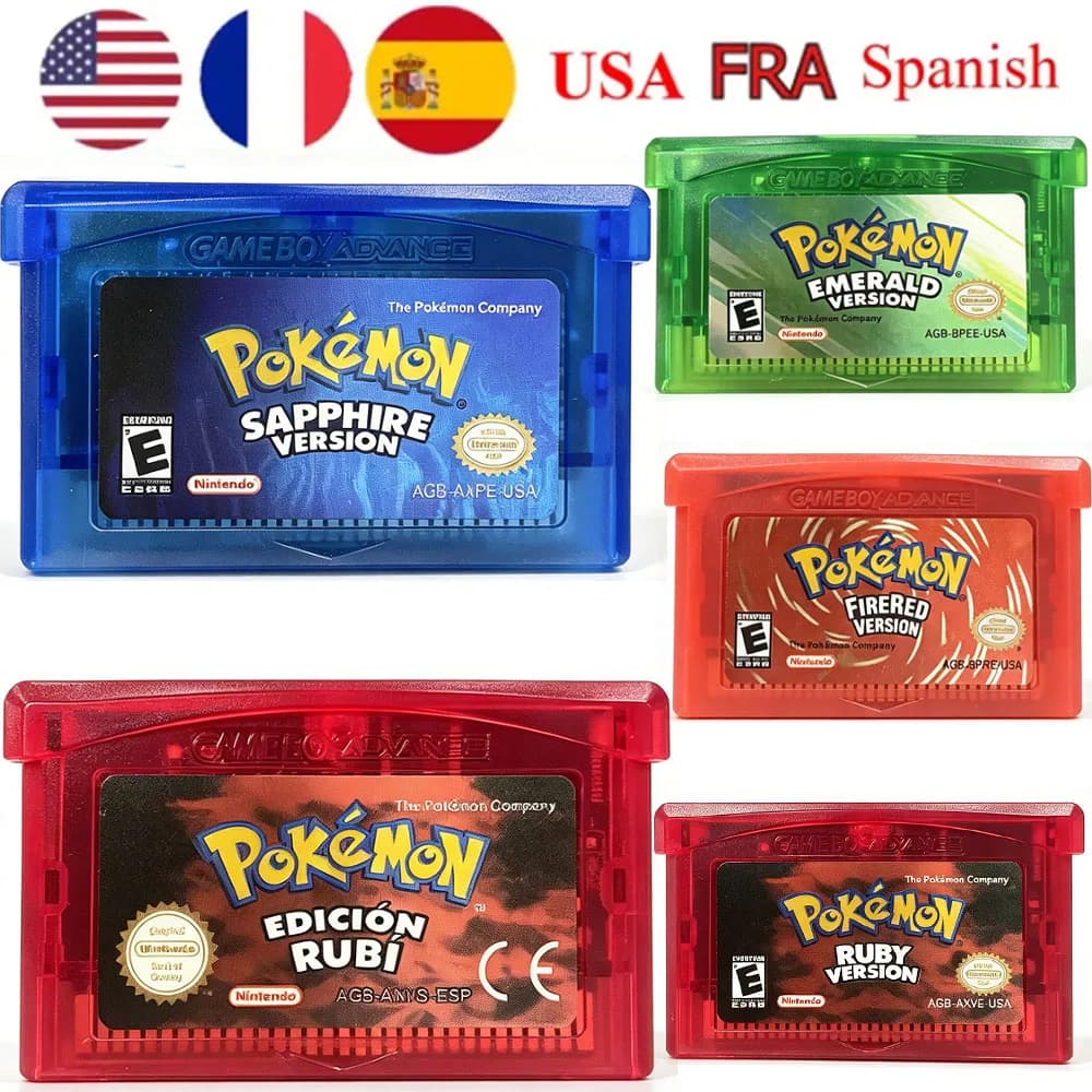 Pokemon GBA Game Cartridge 32Bit Video Game Console Card Emerald FireRed LeafGreen Ruby Sapphire Shiny Label NOE/FRA/ESP/USA