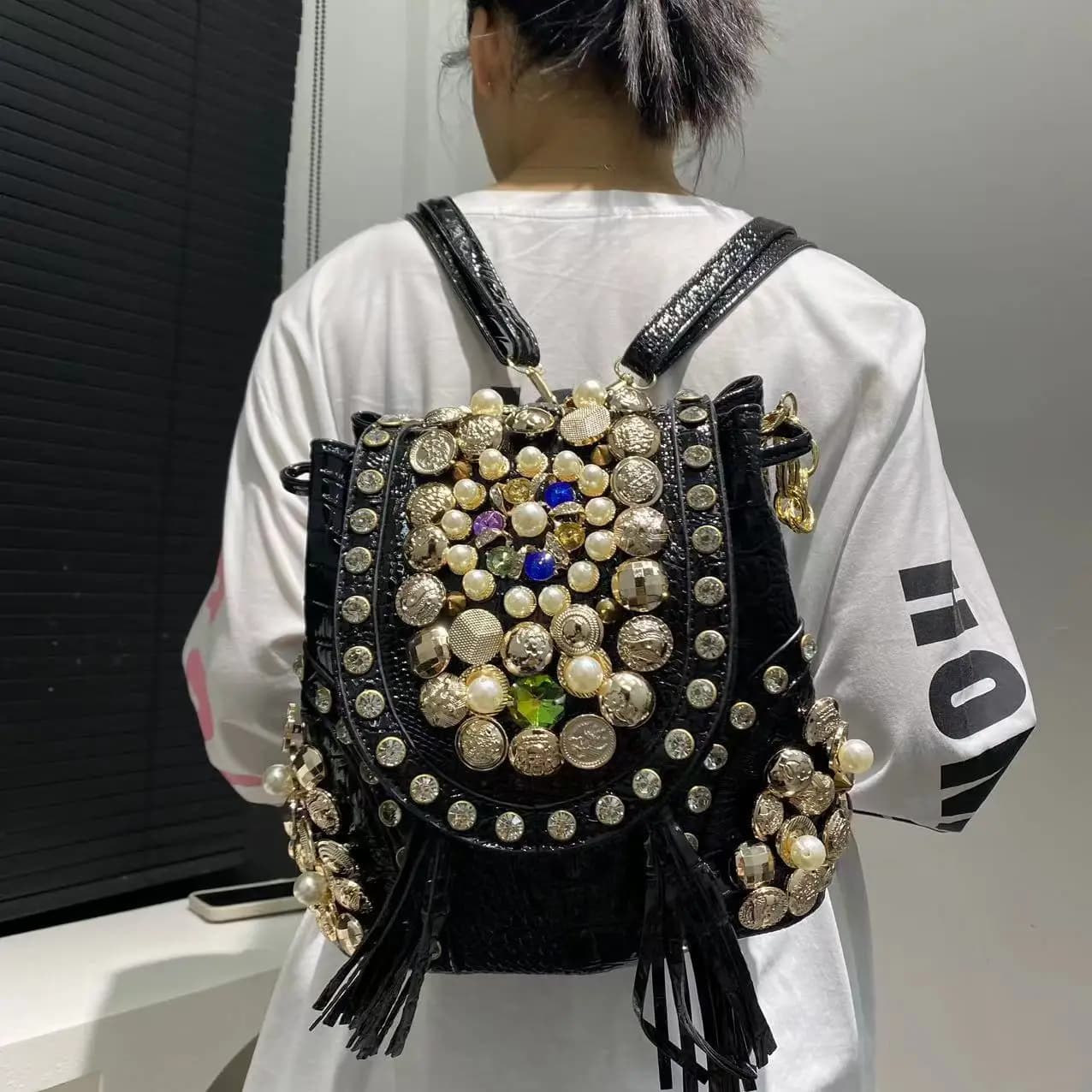 Women's Handbag Fashion Small Backpack Elegant Diamond-Studded Shoulder Bag Multifunctional Beaded Trendy Crossbody Bucket Bag